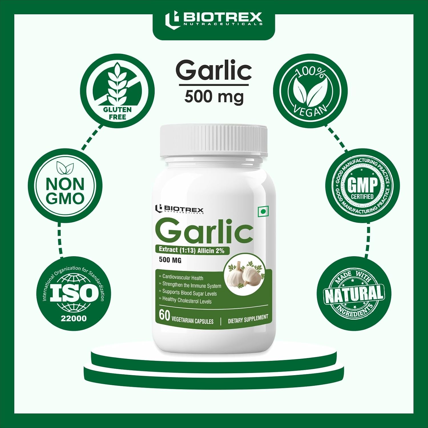 Biotrex Nutraceuticals Garlic 500 mg For Heart health,Cholesterol Management and Weight Loss - 60 Capsules