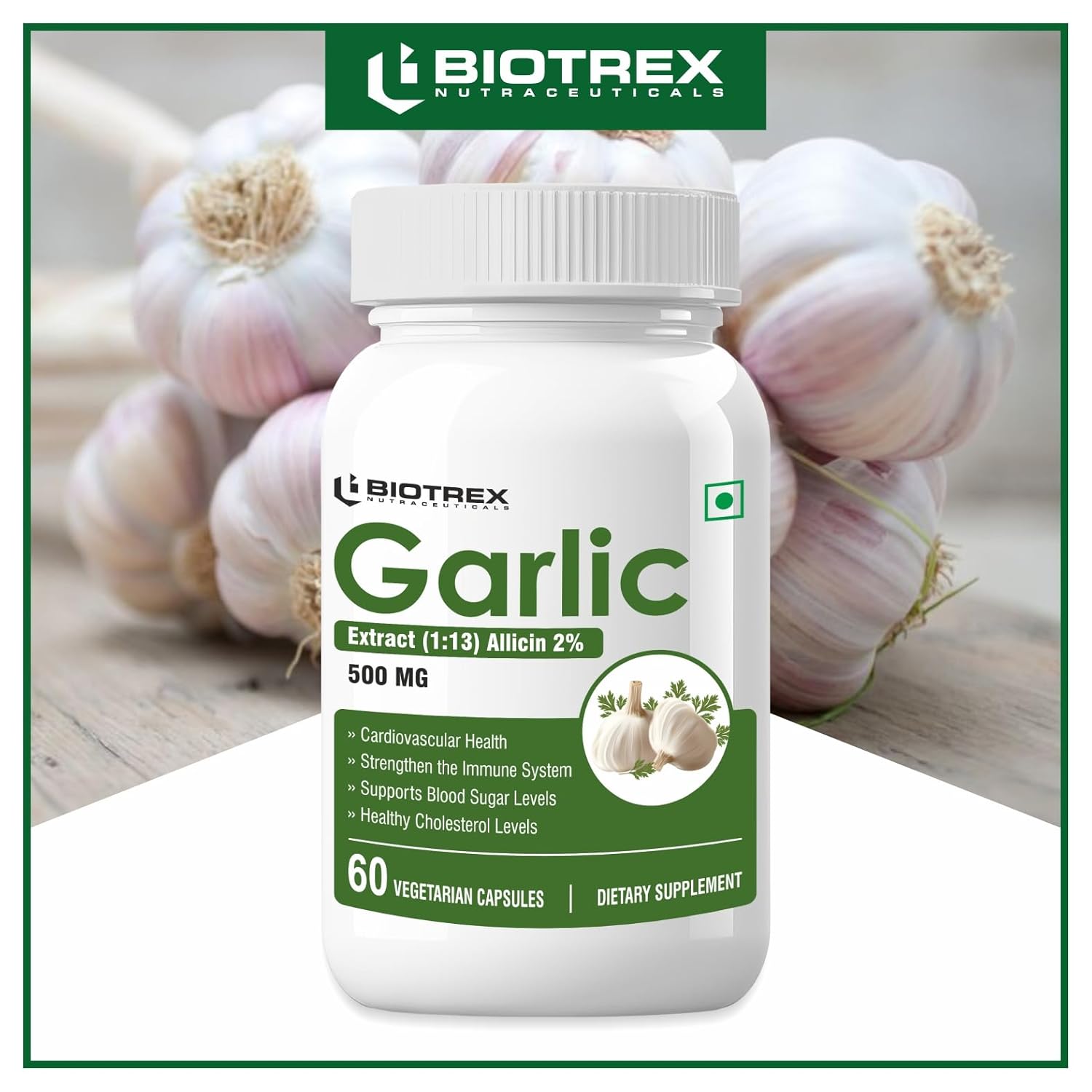 Biotrex Nutraceuticals Garlic 500 mg For Heart health,Cholesterol Management and Weight Loss - 60 Capsules