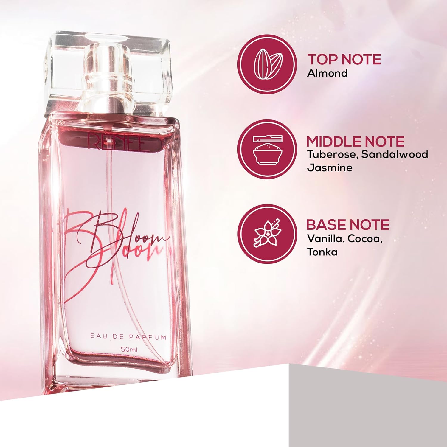 RENEE Eau De Parfum Bloom 50Ml| Premium Long Lasting Luxury Perfume Liquid| Notes Of Almond, Unisex Adult, Scent For All Occasions