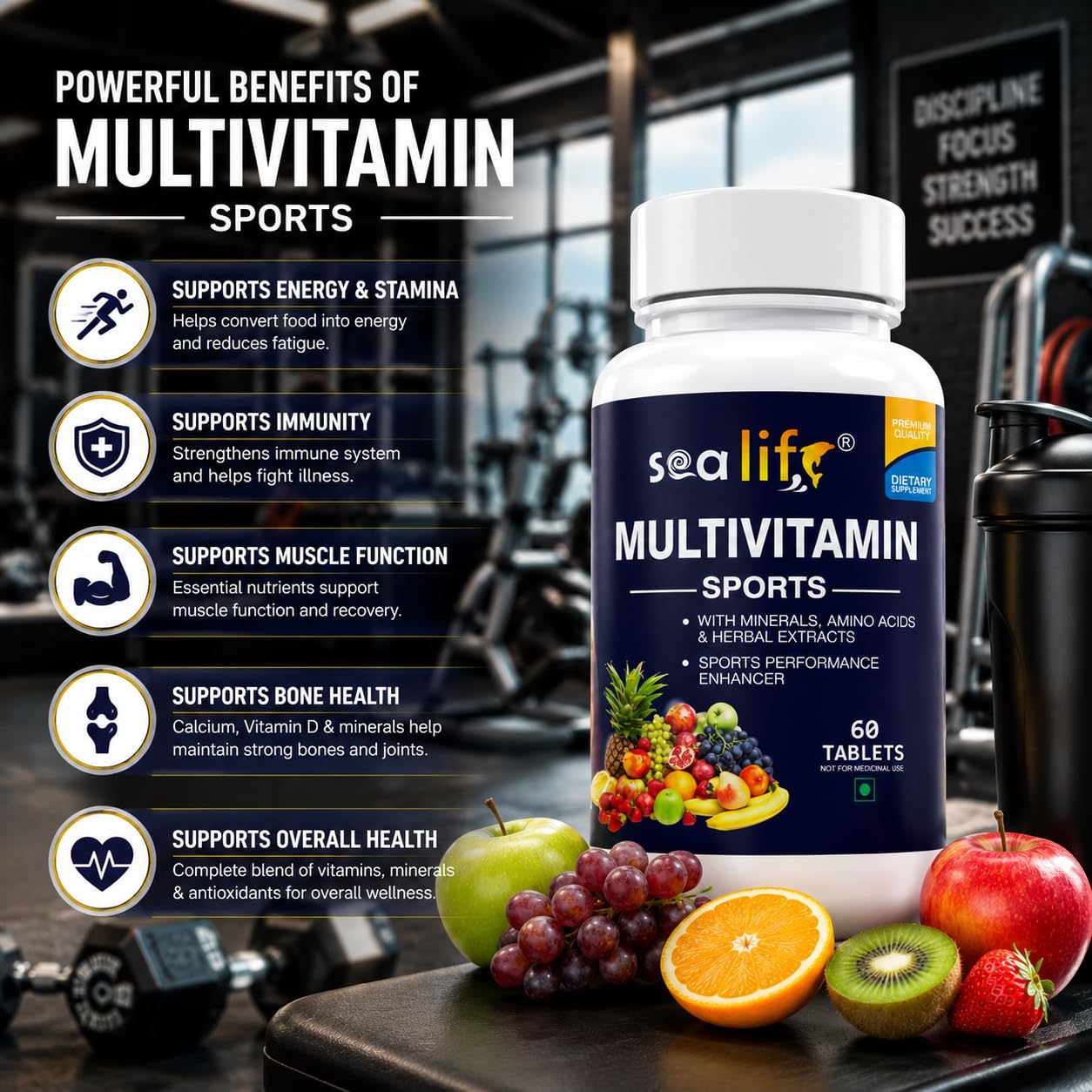 Sea Life Sports Multivitamin,Sports Performance Enhancer with Minerals, Amino Acids and Herbal Extracts | Essential Nutrients for Energy & Stamina for Energy, bodybuilding & Athletes (Pack of-1)