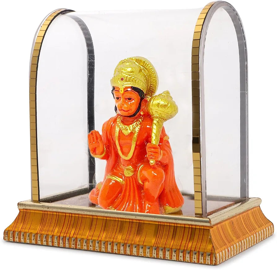 Golden and Orange Hanuman Ji Idol in Glass Box for Car Dashboard