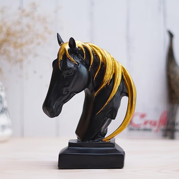 Ecraftindia Black Horse Head Statue With Golden Hair Animal Figurine Showpiece