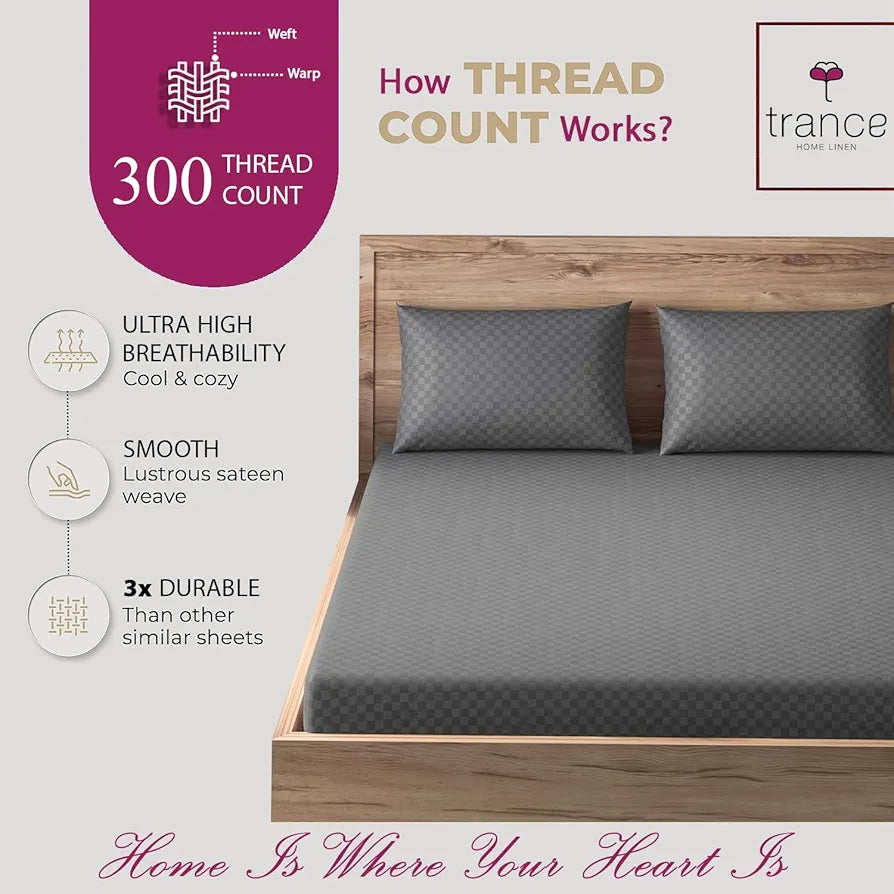 Trance Home Linen Skin Friendly 100% Cotton Jacquard Weave Fitted Bedsheet for Queen Size Bed with 2 Pillow Cover Premium 300TC Colour Dark Grey