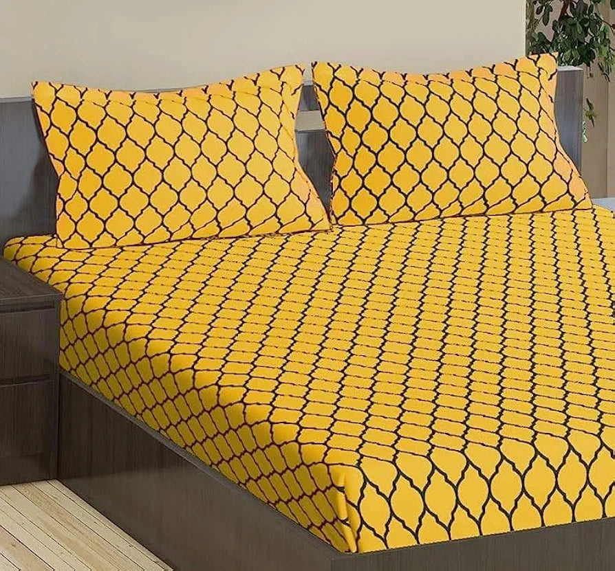 Trance Home Linen 200TC 100% Cotton Queen Size Elastic Fitted Bedsheet Bedsheet for Queen Size Bed Printed with 2 Pillow Covers Colour Dori Warm Grey Mustard