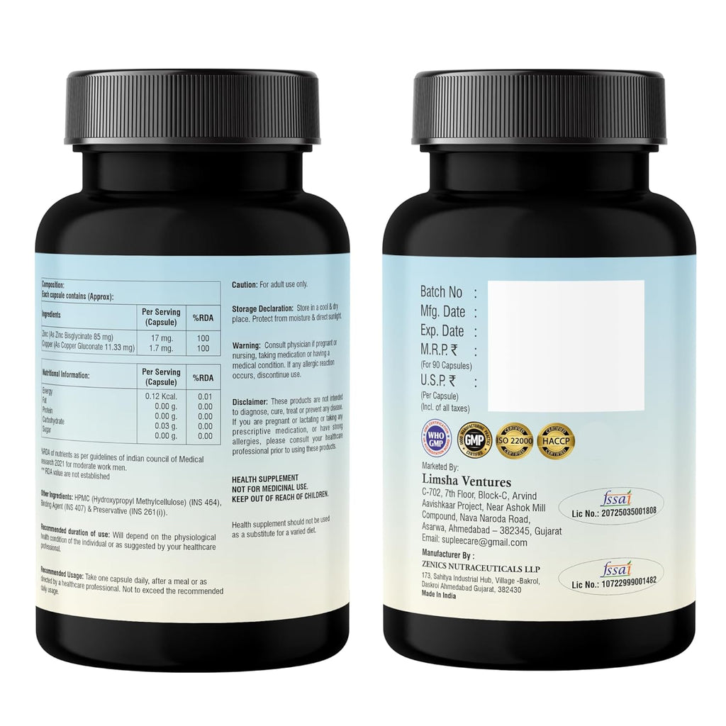 Suplee Zinc Glycinate with Copper Supplement | 17mg Zinc & 1.7mg Copper | High Absorption Chelated Formula for Immunity, Skin & Muscle Health | 90 Veg Capsules (Lab Tested)