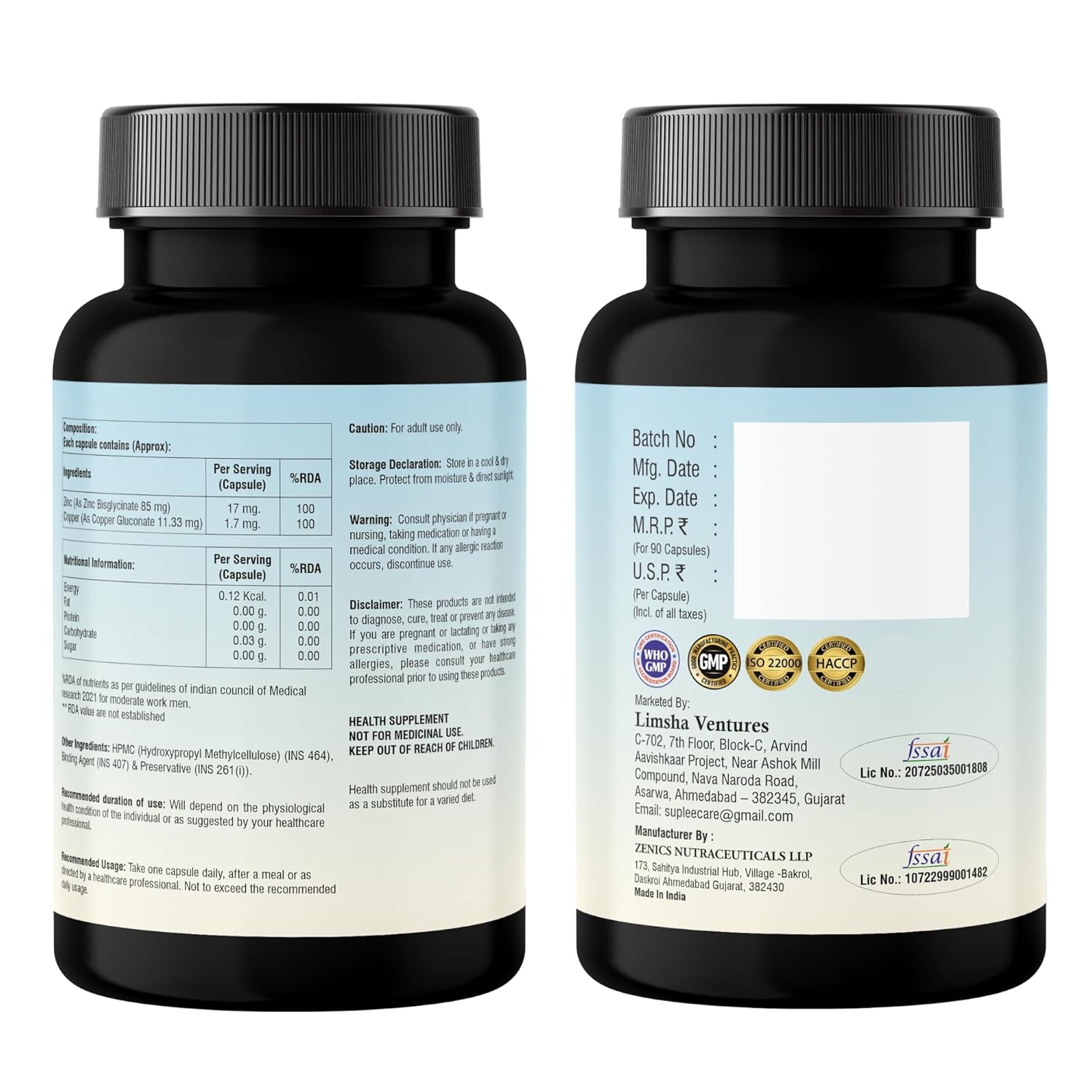 Suplee Zinc Glycinate with Copper Supplement | 17mg Zinc & 1.7mg Copper | High Absorption Chelated Formula for Immunity, Skin & Muscle Health | 90 Veg Capsules (Lab Tested)