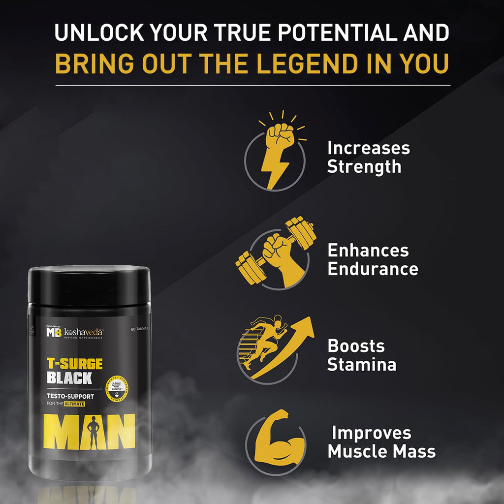 MuscleBlaze Koshaveda T-Surge Black (60 Tablets) | Testosterone Booster for Men | With 12 Ayurvedic Herbs - Ashwagandha, Shilajit, Safed Musli, & Gokhru | For Strength, Stamina & Endurance