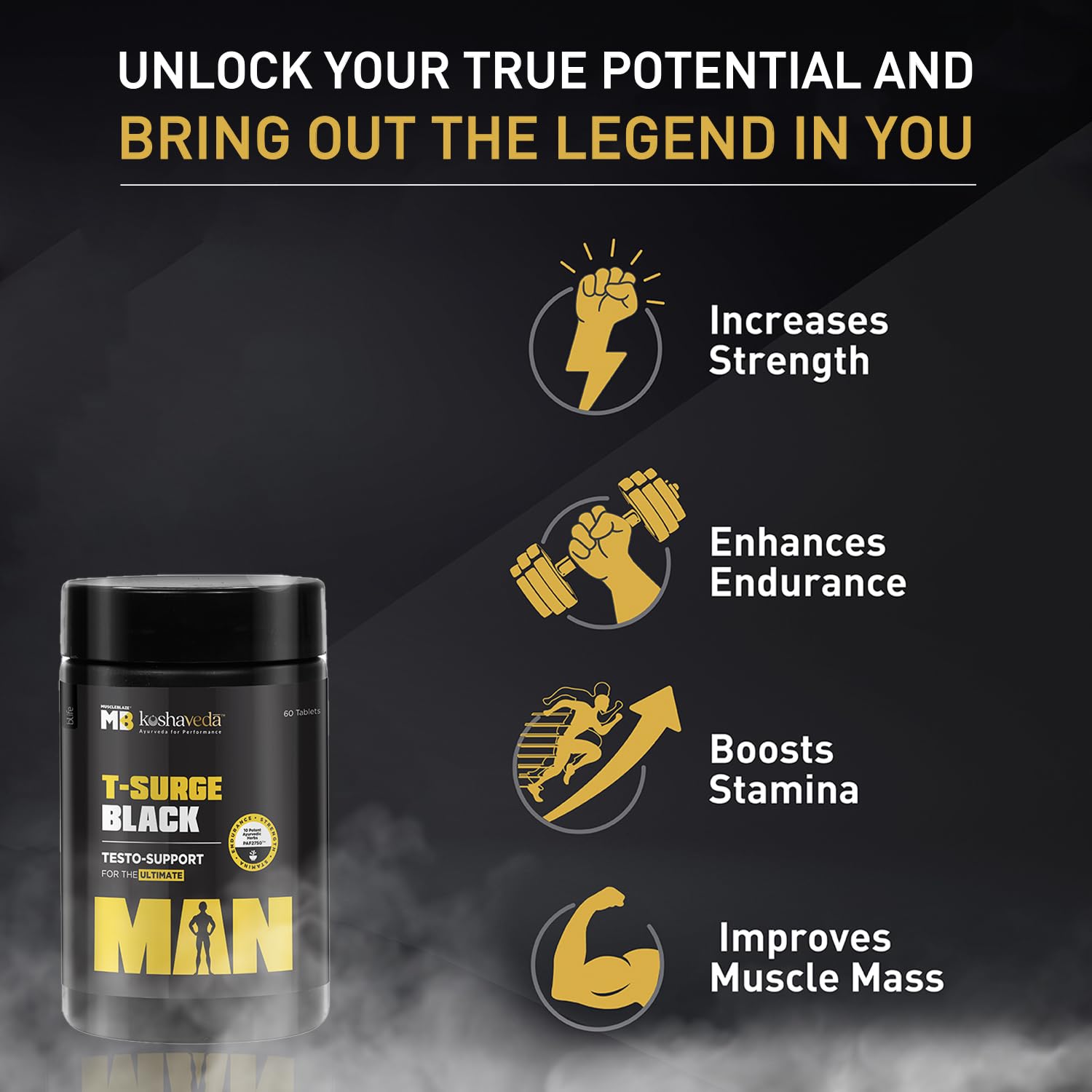 MuscleBlaze Koshaveda T-Surge Black (60 Tablets) | Testosterone Booster for Men | With 12 Ayurvedic Herbs - Ashwagandha, Shilajit, Safed Musli, & Gokhru | For Strength, Stamina & Endurance