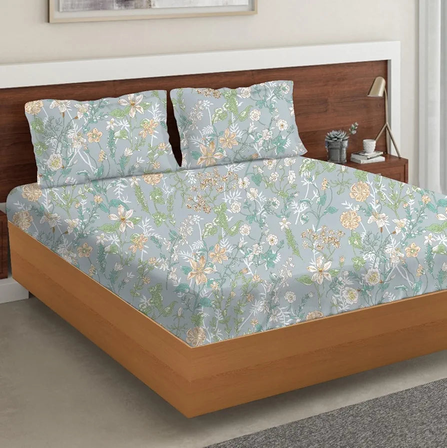 Trance Home Linen Skin Friendly 100% Cotton Printed Fitted Bedsheet for Queen Size Bed with 2 Pillow Cover Premium 180TC Colour Wild Flowers