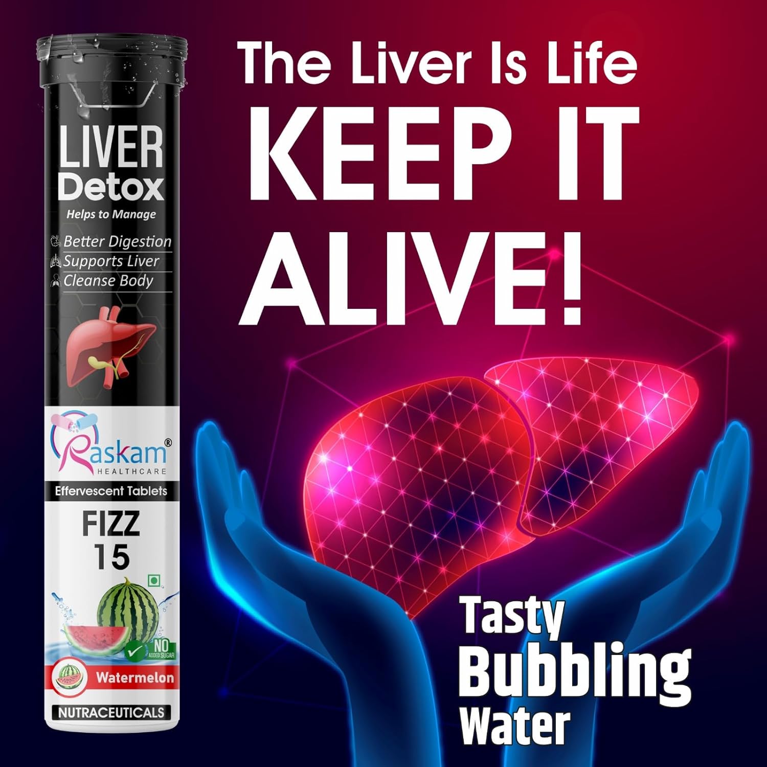 Liver Detox Effervescent â€“ Plant-Based Detox with 9 Ayurvedic Herbs | Sugar-Free | Refreshing Watermelon Flavor | Drop, Fizz, Sip | Fizz 15 Tablets Pack of 1
