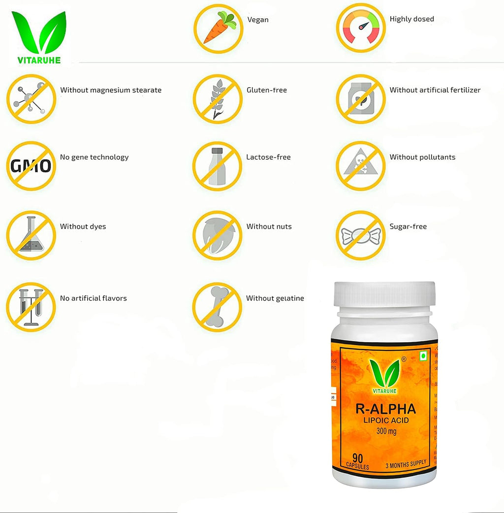 VITARUHE® R-Alpha Lipoic Acid, high Dosage, 300 Mg Per Capsule, Vegan, 3 Month Treatment, Natural Form Of Thioctic Acid, Quality Product, Bioactive dietary supplement without unnecessary additives