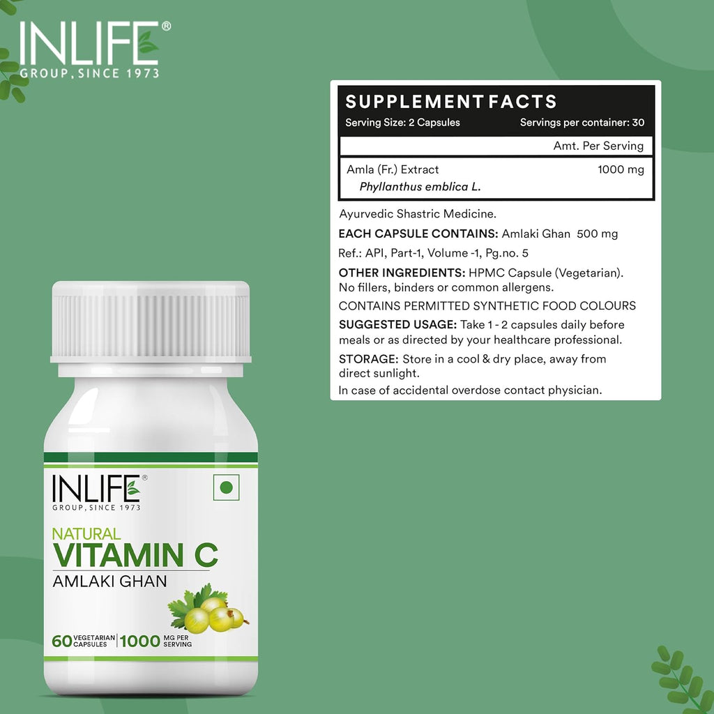 INLIFE Natural Vitamin C Amla Extract Supplement | Immunity, Overall Wellness for Men and Women - 60 Vegetarian Capsules (Pack of 1, 60)