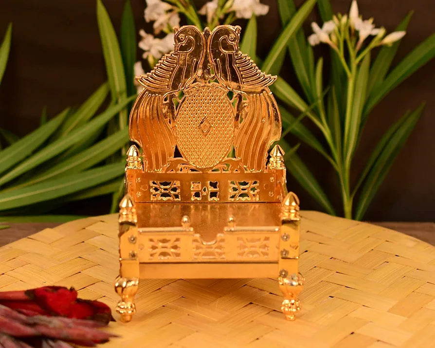 Collectible India Metal Gold Plated ladoo Gopal Singhasan Pooja Chowki mandir Peacock Design