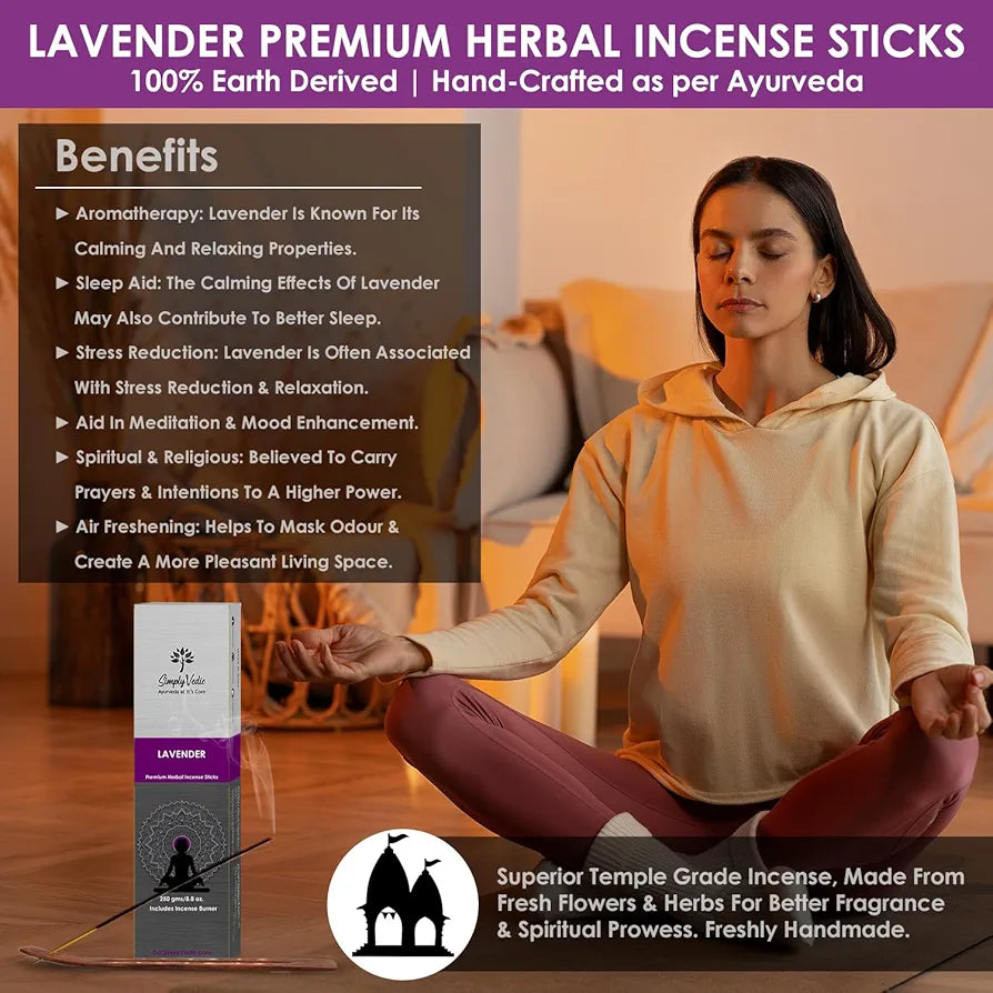 Simply Vedic Lavender Incense Sticks with Holder – 135 Handmade Charcoal-Free Agarbatti