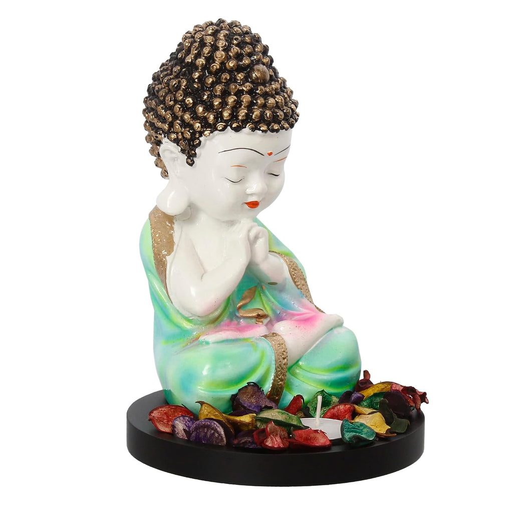 Ecraftindia Green and White Polyresin Praying Little Monk Buddha Statue With Wooden Base | Fragranced Petals Tealight Candle Holder