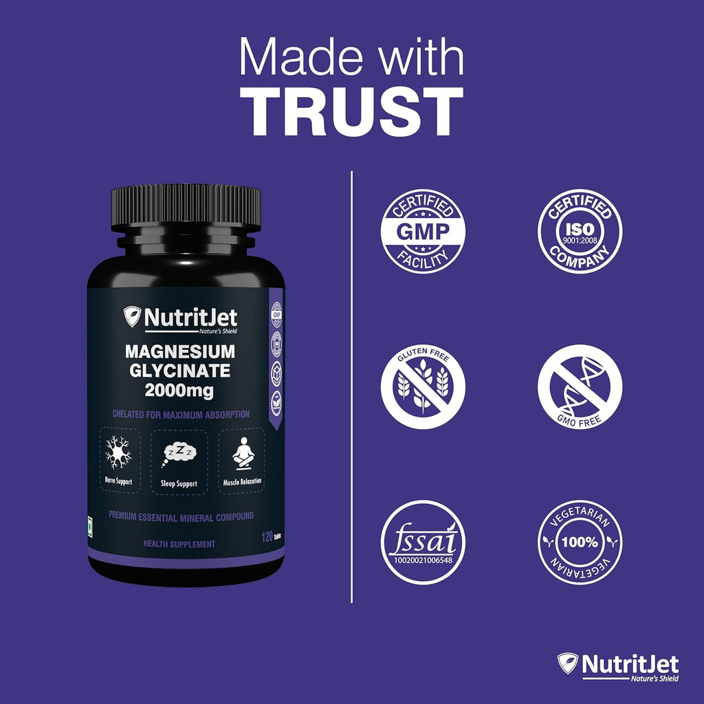 NutritJet Magnesium Glycinate Supplement 2000mg â€“ 120 Veg Tablets | Magnesium Supplement For Sleep, Cramps, Recovery, Nerve & Muscle Function