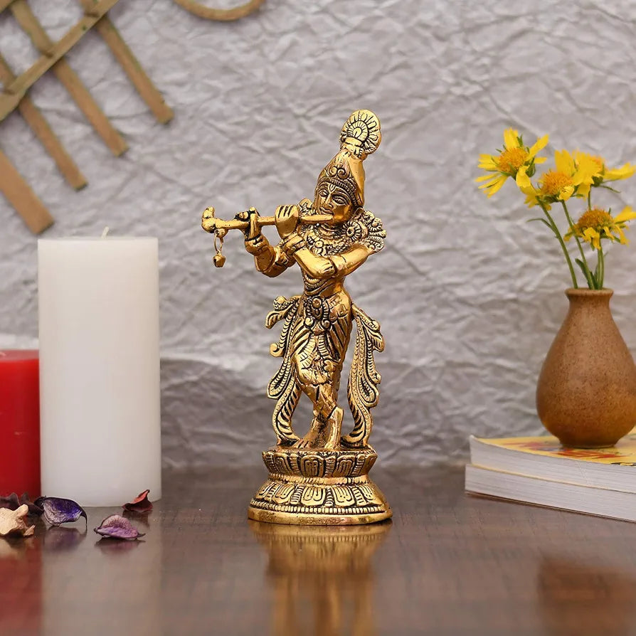 Collectible India Lord Krishna Idol Statue Krishna Idols Gold Plated Flute Playing Krishan