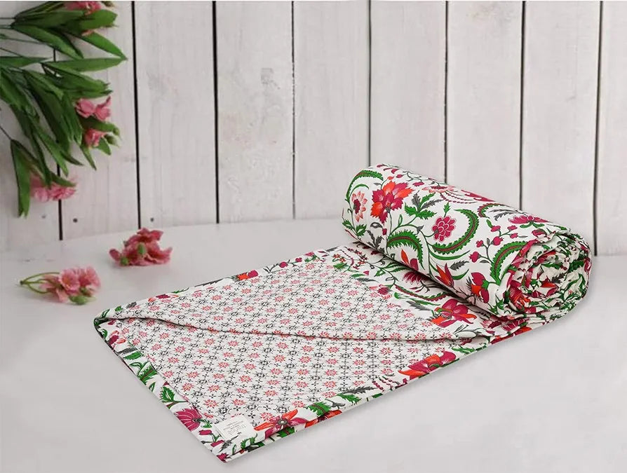 Trance Home Linen Pure Cotton Reversible Dohar Toddler Size Cotton Ac Quilt for Babies Colour Firdaus Red