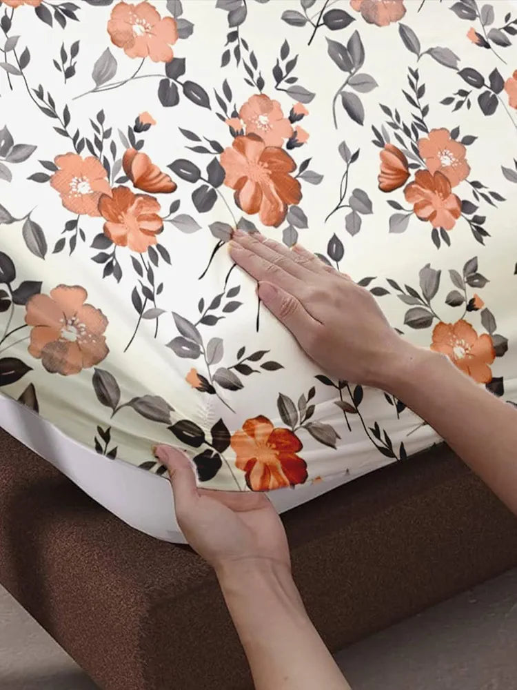 Trance Home Linen 180TC 100% Cotton 78"x72" Standard King Size Elastic Fitted Bedsheet Printed King Bed Size with 2 Pillow Covers Colour Blooms Rust