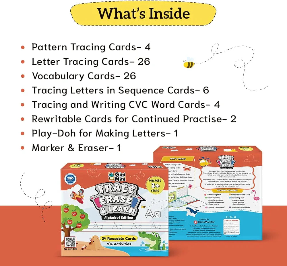 GiniMiniTrace Erase & Learn – 68 Pre-Writing Activity Cards for Kids 3–6 Tracing Counting Play-Doh Rewritable Travel-Friendly Fine Motor Skill Toy & Educational Gift Set