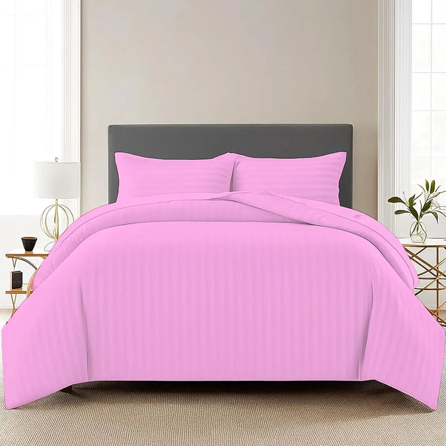 Trance Home Linen Zippered 100% Cotton 200TC Satin Stripe King Size Duvet Cover Quilt Cover Blanket Cover Razai Comforter Cover with 2 Pillow Covers Colour Light Pink