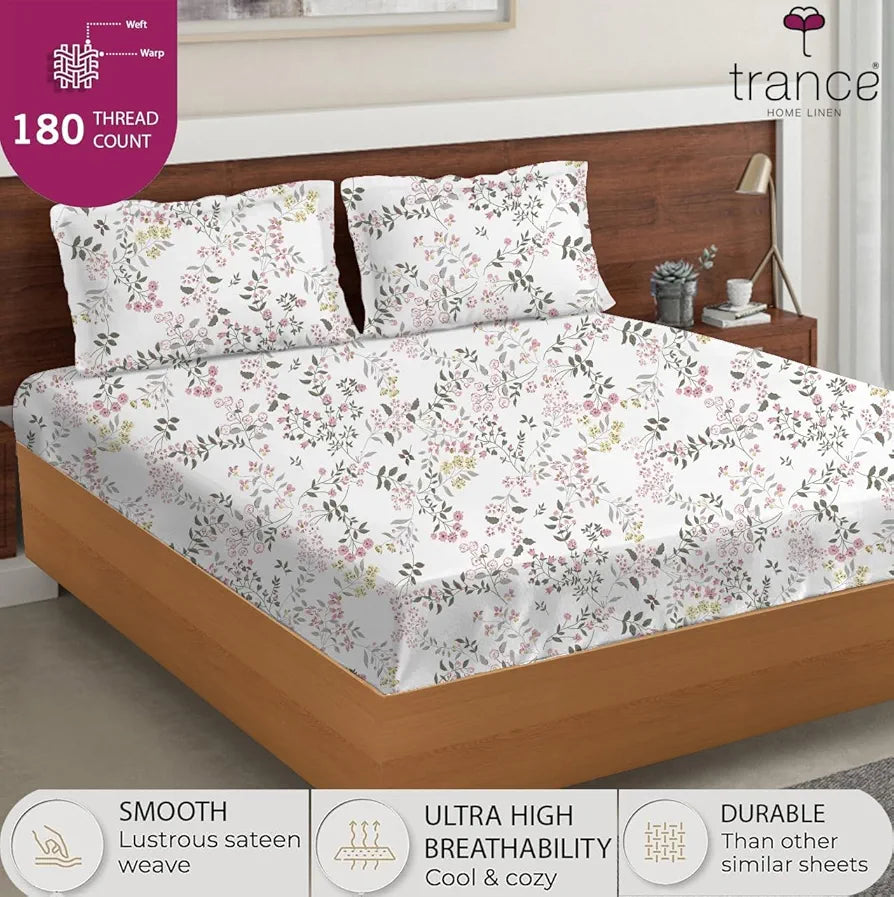 Trance Home Linen Skin Friendly 100% Cotton Printed Fitted Bedsheet for Queen Size Bed with 2 Pillow Cover Premium 180TC Colour Daisy Shower