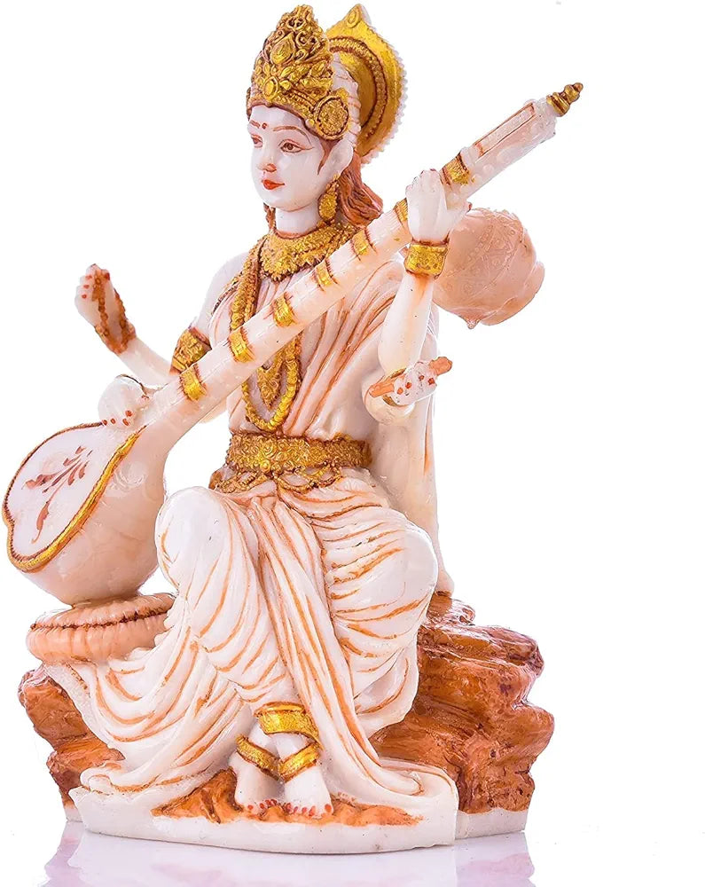 Sevliya Traders Marble Dust Saraswati Idol for Home Puja - 6 Inch
