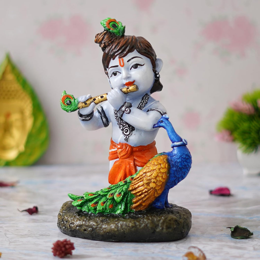 Ecraftindia Colorful Baby Krishna Idol Playing Flute With a Peacock Statue Showpiece