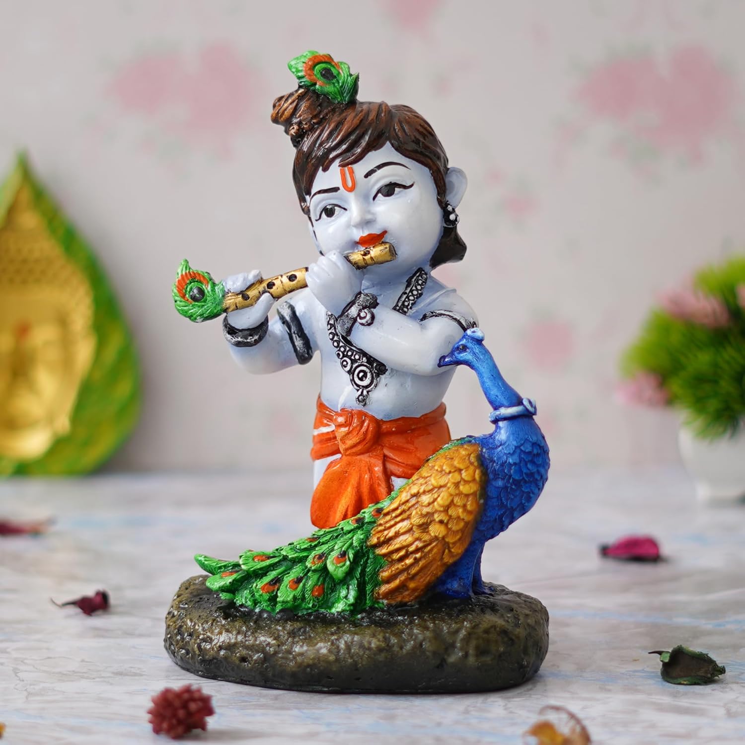 Ecraftindia Colorful Baby Krishna Idol Playing Flute With a Peacock Statue Showpiece