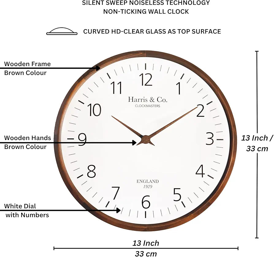 Harris & Co. Clockmasters Luxury Wooden Analog Wall Clock - 13 Inch Model - Trafalgar Street