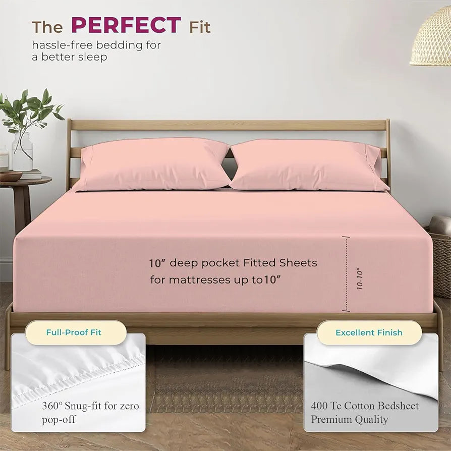 Trance Home Linen 100% Cotton 78x72 inch King Elastic Fitted Bedsheet 400TC Soft Durable Plain Fitted Elastic Bed Sheet with 2 Pillow Covers Colour Blush Peach