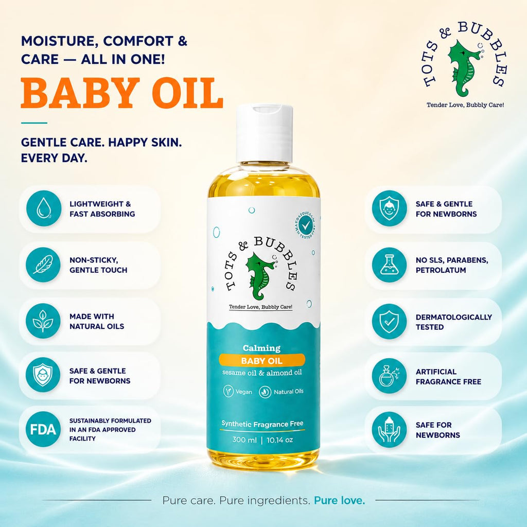 Tots & Bubbles 100% Natural Baby Massage Oil | Almond, Olive & Mustard Oil Blend for Skin & Hair | Lightweight, Non-Sticky & Gentle for Newborn – 300 ml