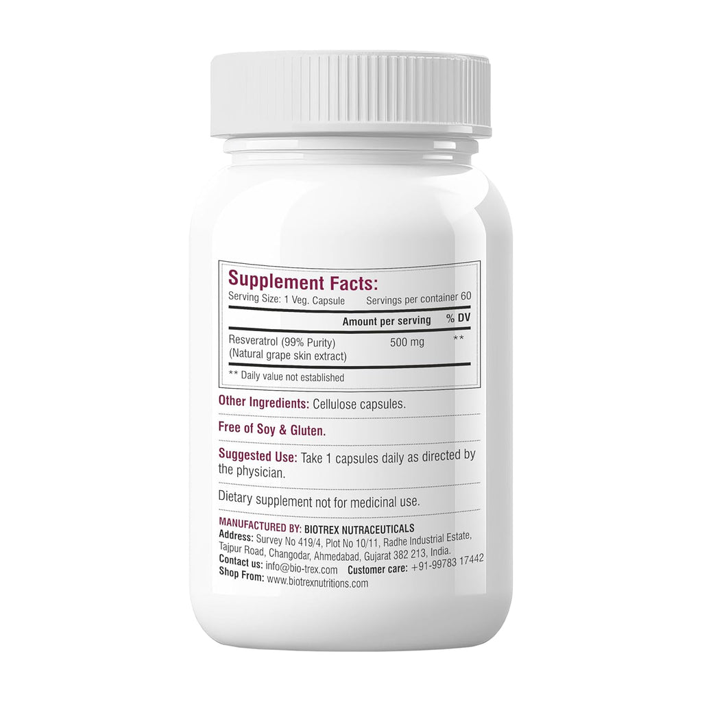 Biotrex Nutraceuticals Trans Resveratrol 500mg | 99% High Purity Grade | Grape Skin Extract | Supports Blood Sugar Levels & Healthy Heart | 60 Veg Capsules