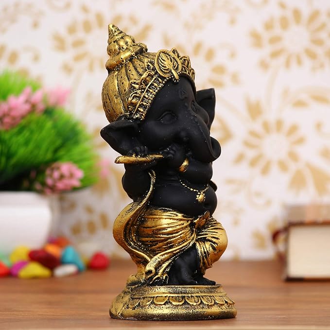 Ecraftindia Golden and Black Polyresin Lord Ganesha Idol Playing Flute Musical Instrument Decorative Showpiece