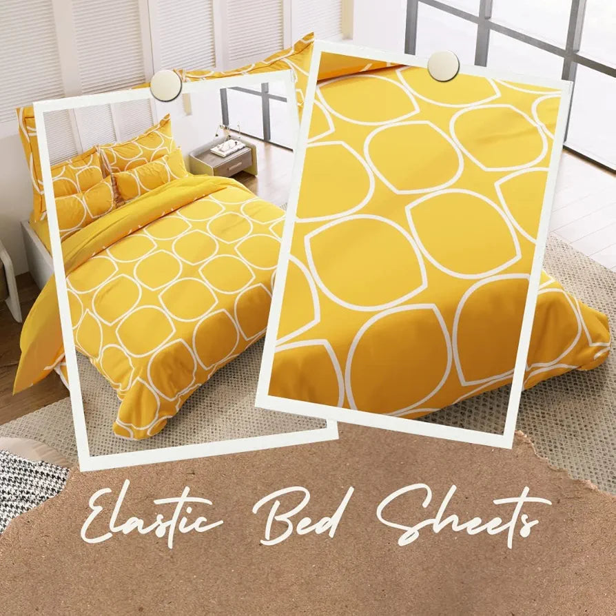 The Home Style 400 TC Supersoft Cotton Feel Glace Cotton Elastic Fitted Printed King Size Double Bed Bedsheet wih 2 Pillow Cover Cadet Yellow