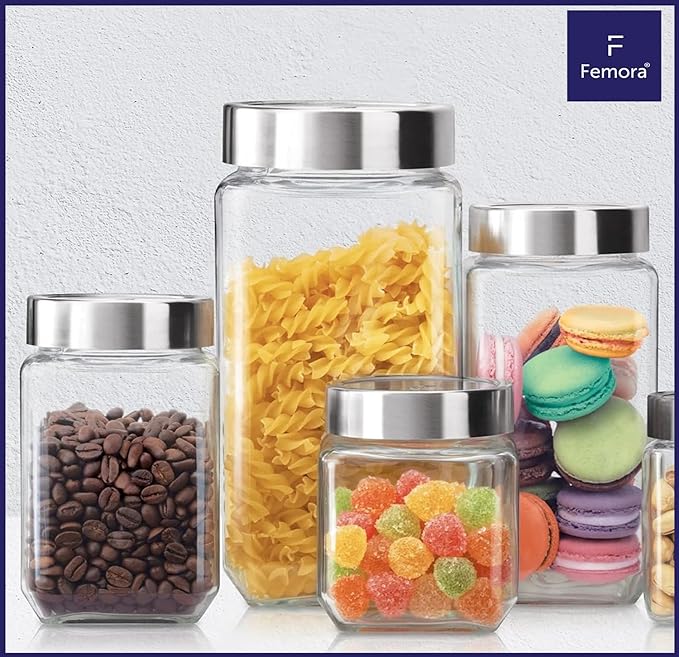 Femora Kitchen Storage Jars Transperent Glass With Steel Lid Air Tight Jar | 1150 Ml | 1550 Ml | Pack of 2