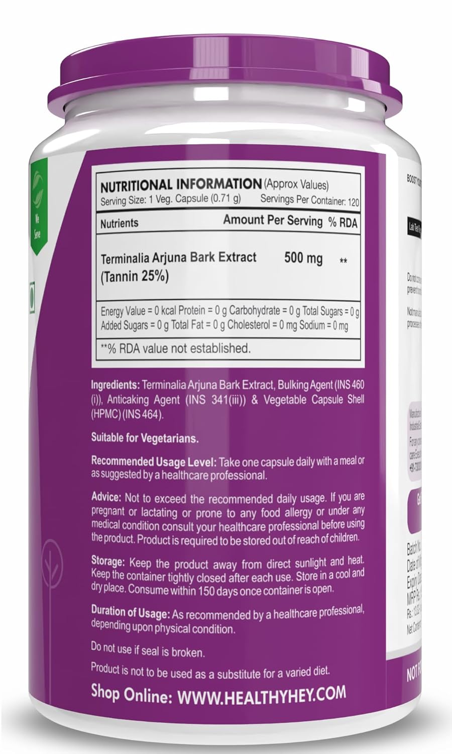 HealthyHey Nutrition Terminalia Arjuna Bark Extract - Tannin 25% 120 Veg Capsules