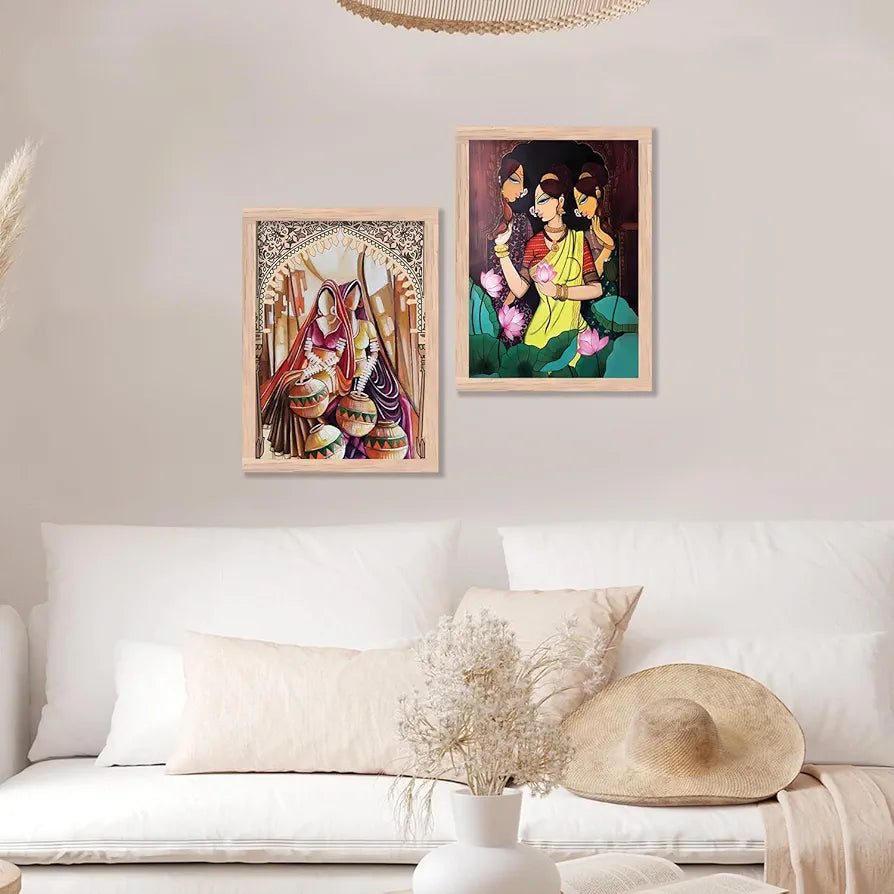 Kotart Traditional Woman Painting with Frame Madhubani Art Painting Pack of 2