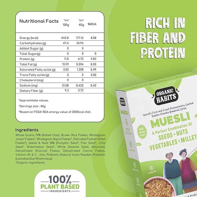Organic Habits Muesli, Diabetic Friendly Breakfast Cereal With Fruit, Nuts, Seeds, Vegetables, Millets & Wholegrain - 400 Gms