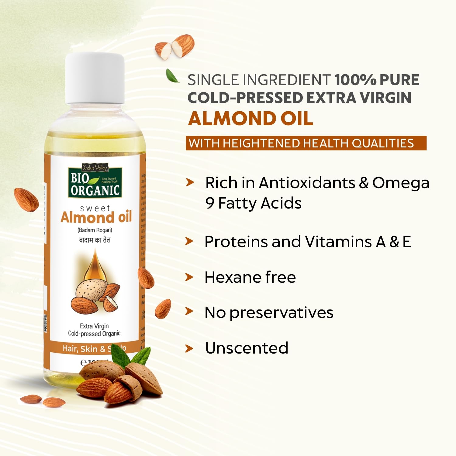 INDUS VALLEY Bio Organic Cold Pressed Almond Oil for Soft & Shiny Hair, Glowing Skin, Hair Damage Protection, Pure Roghan Badam Oil (Tail) for Baby Massage - 100ml