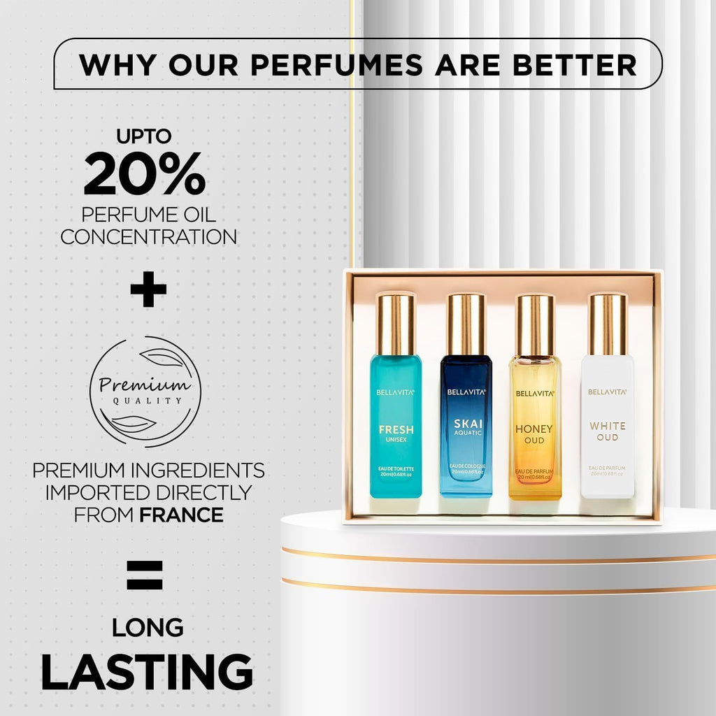 Bella Vita Luxury Long Lasting Unisex Perfume Gift Set | Perfume for Man | Gifts for Woman | 4x20ml | Woody, Aquatic & Sweet Premium Fragrance