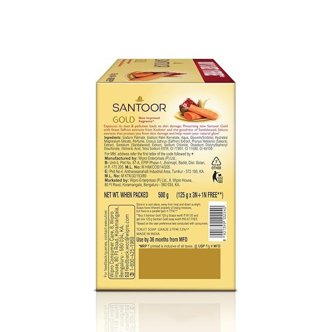 Santoor Gold Bathing Bar Soap with Kashmiri Saffron Sandal & Sakura Extracts - 125 gms (Pack of 4)