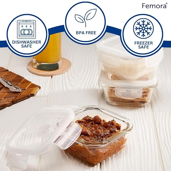 Femora Borosilicate Glass Containers for Kitchen | Storage Box for Kitchen With Air Vent Lid | Set of 3 |180 Ml