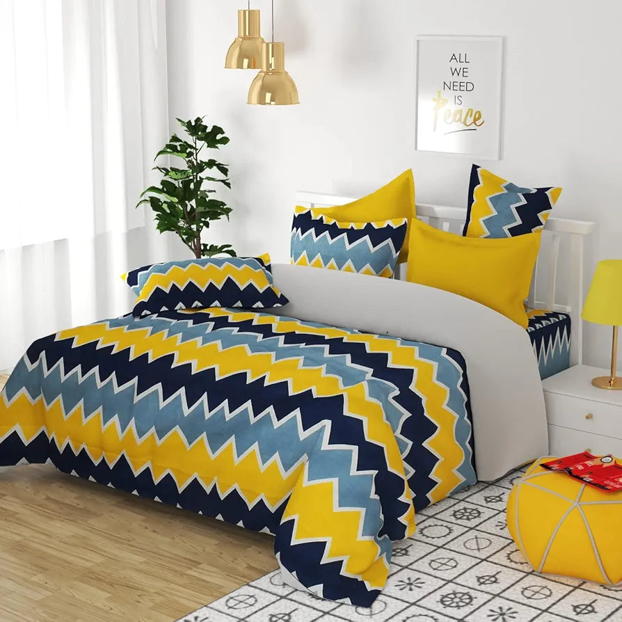 HomeKart Microfiber bedsheet for Double Bed with 2 Pillow Covers Breathable and Soft Touch 144 TC Pattren Zigzag Yellow and Grey TC 144