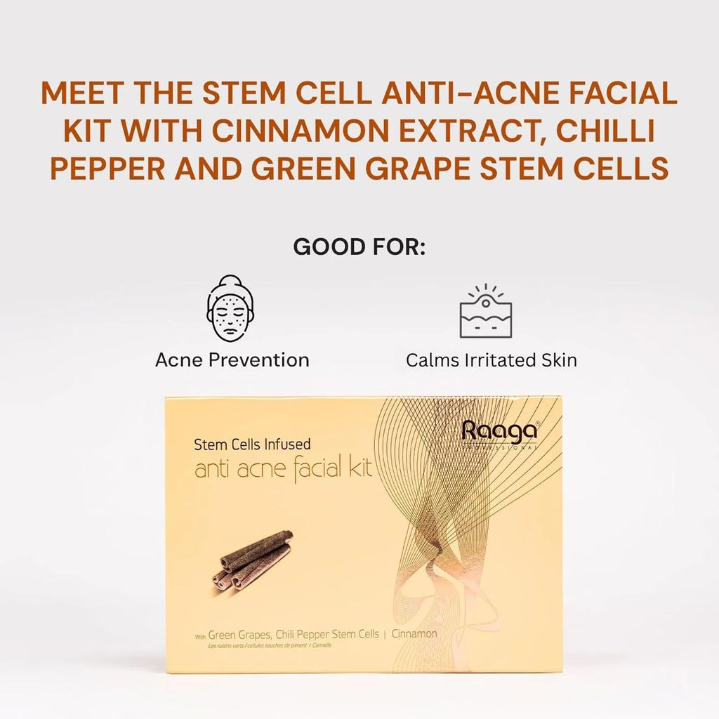 Raaga Professional Stem Cells Infused Anti Acne Facial Kit | Cinnamon, Green Grapes, Chilli Pepper Stem Cells | 6 Step Facial Kit for All Skin Types (61 gm)
