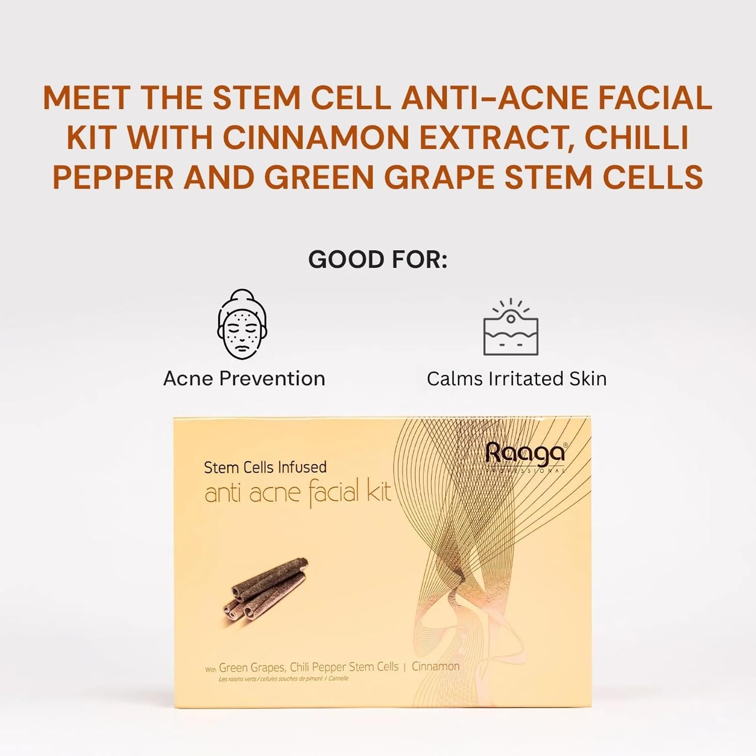 Raaga Professional Stem Cells Infused Anti Acne Facial Kit | Cinnamon, Green Grapes, Chilli Pepper Stem Cells | 6 Step Facial Kit for All Skin Types (61 gm)