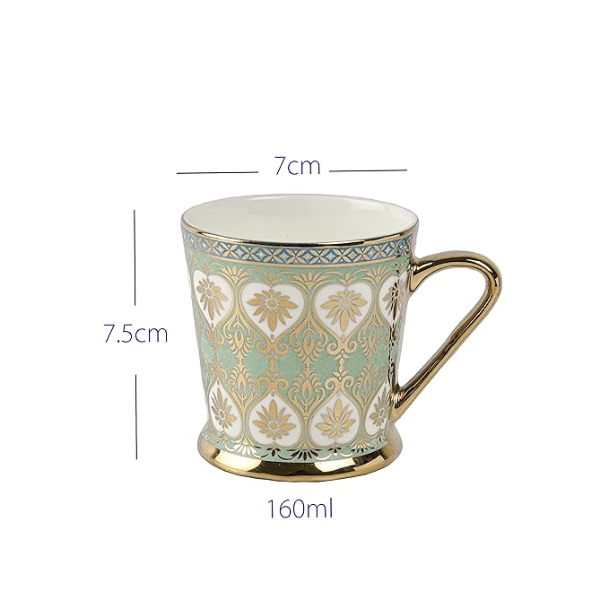 Femora Golden Leaves Pattern Golden Tea Mugs, Ceramic Tea Cups set of 6 - 900 gms