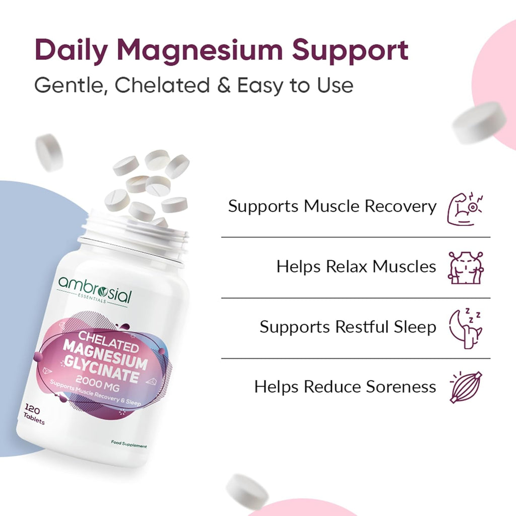 Ambrosial Chelated Magnesium Glycinate 2000mg | Provides 440mg Elemental Magnesium per Serving | 120 Vegan Tablets