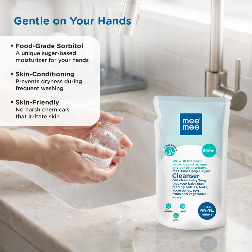Mee Mee Liquid Cleanser 500 ml | Anti-Bacterial Formula Kills 99.9% Germs | For Bottles, Nipples, Accessories, Toys, Fruits & Vegetables | Alcohol-Free, One-Drop Cleaning, Dermatologically Tested