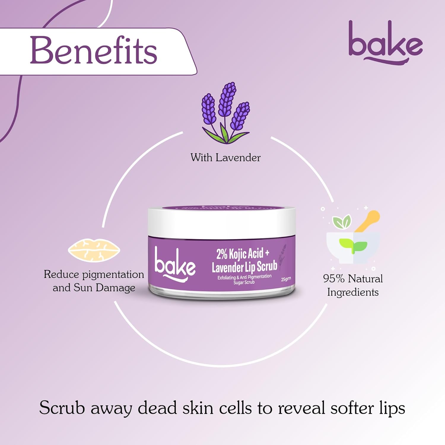 BAKE 2% Kojic Acid Lavender Lip Scrub for Dark, Pigmented Lips with Sugar Granules for Dry & Pink Lips, For Men & Women - 25g